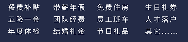 BB贝博员工福利：餐费补助、五险一金、年度体检、带薪年假、团队经费、成婚礼金、免费住房、员工班车、节日礼物、生日礼券、人才落户、其它……